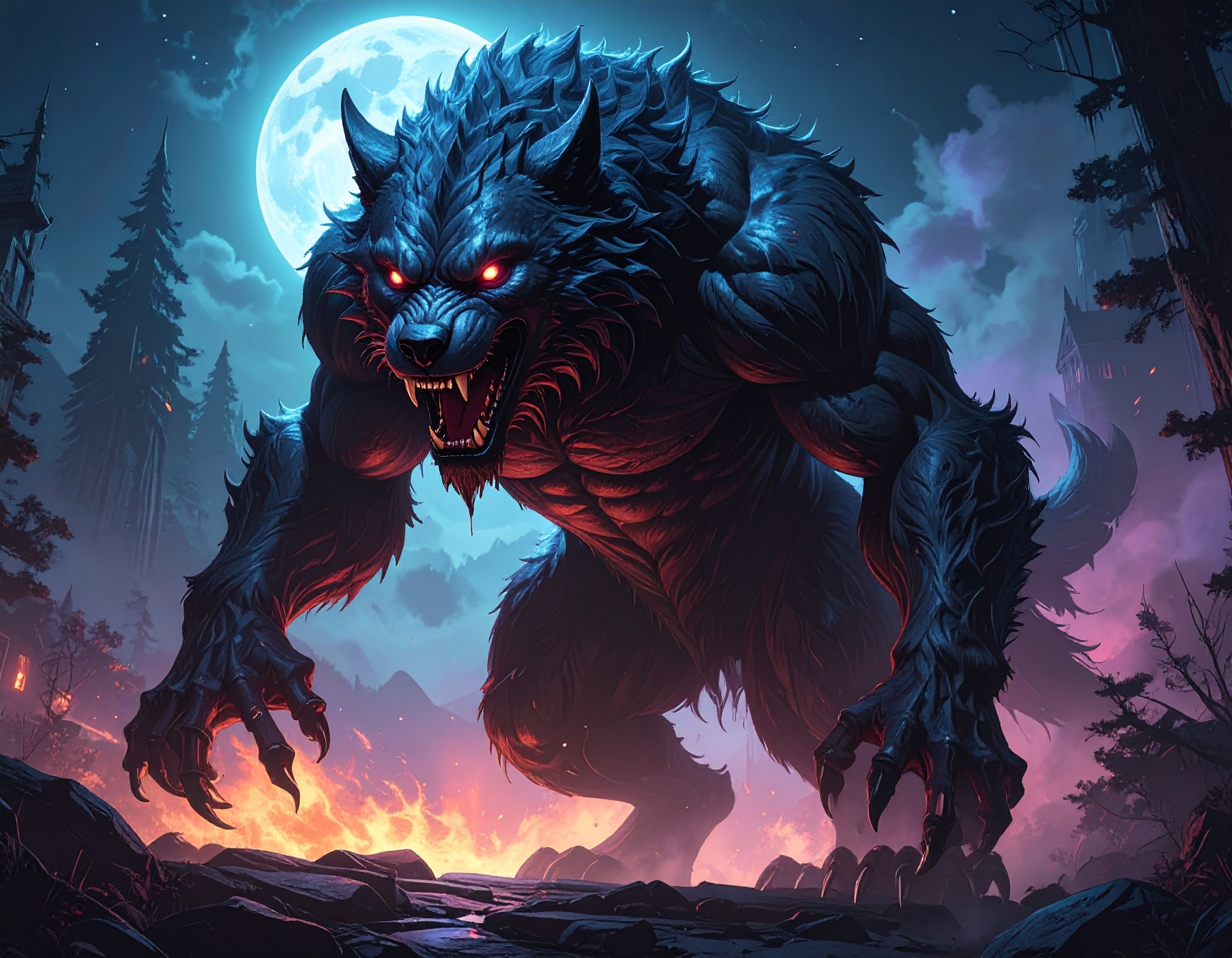 A powerful wolf in a dark forest, representing the werewolf transformation.